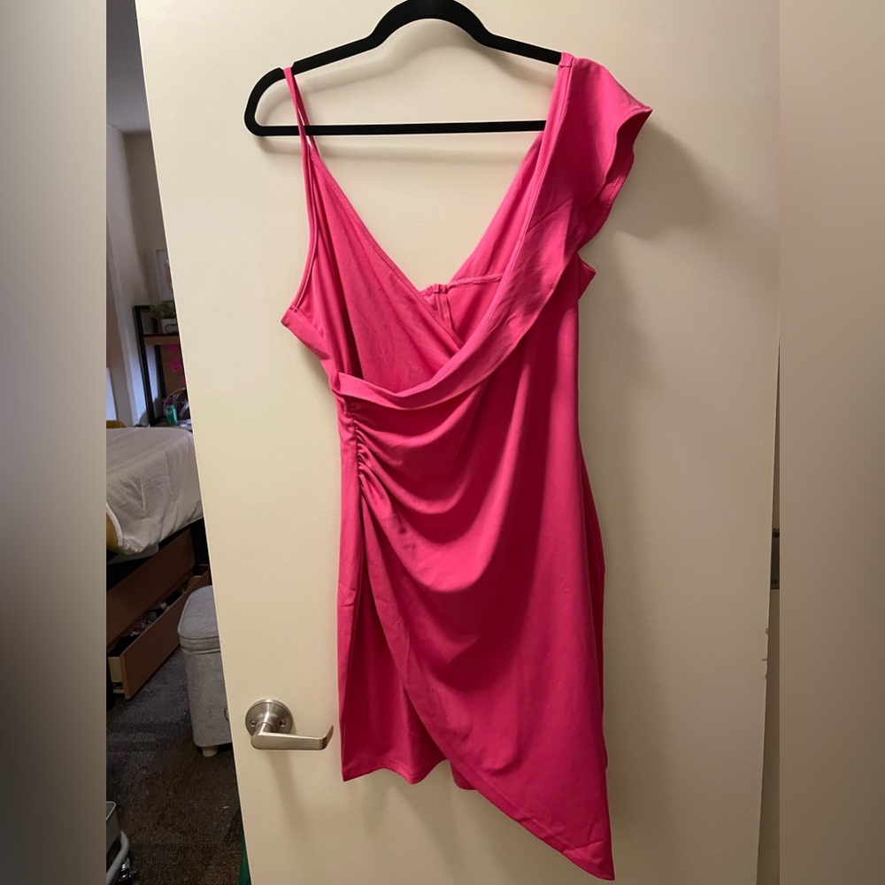 Pink ruffle shoulder short dress from amazon